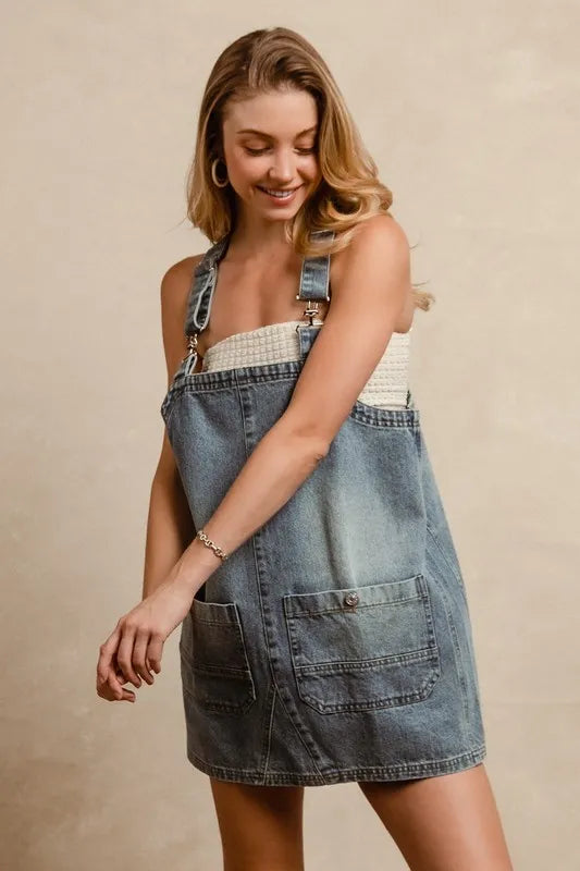 BiBi Washed Denim Overall Dress with Adjustable Straps - Chic, Pocketed Casual Dress