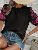Embroidered Round Neck Short Sleeve Blouse