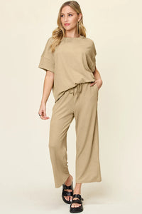Double Take Full Size Texture Round Neck Short Sleeve T-Shirt and Wide Leg Pants Khaki