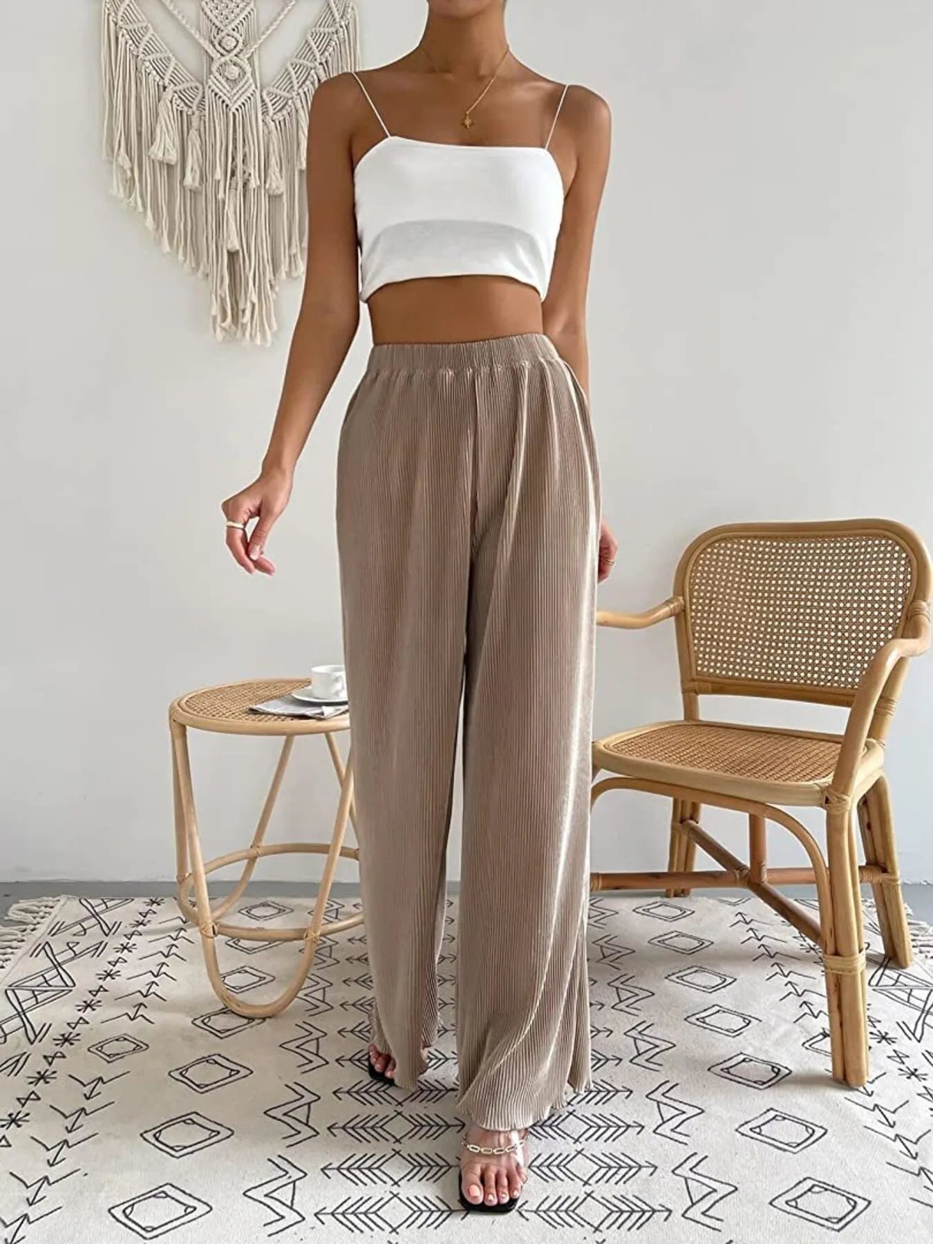Plus Size Full Length Wide Leg Pants with Elastic Waist - Comfortable 100% Polyester Fabric