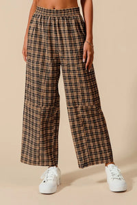 SO ME Check Plaid Wide Leg Pants with Big Patch Pockets BLACK CAMEL