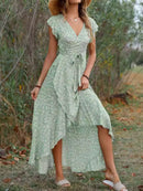 Printed Surplice Ruffle Sleeve Dress