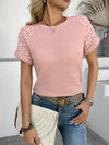 Trendy Hollow Out Waffle Knit Short Sleeve T-Shirt - Soft Stretchy Fabric, Eyelet Detail - Store 42