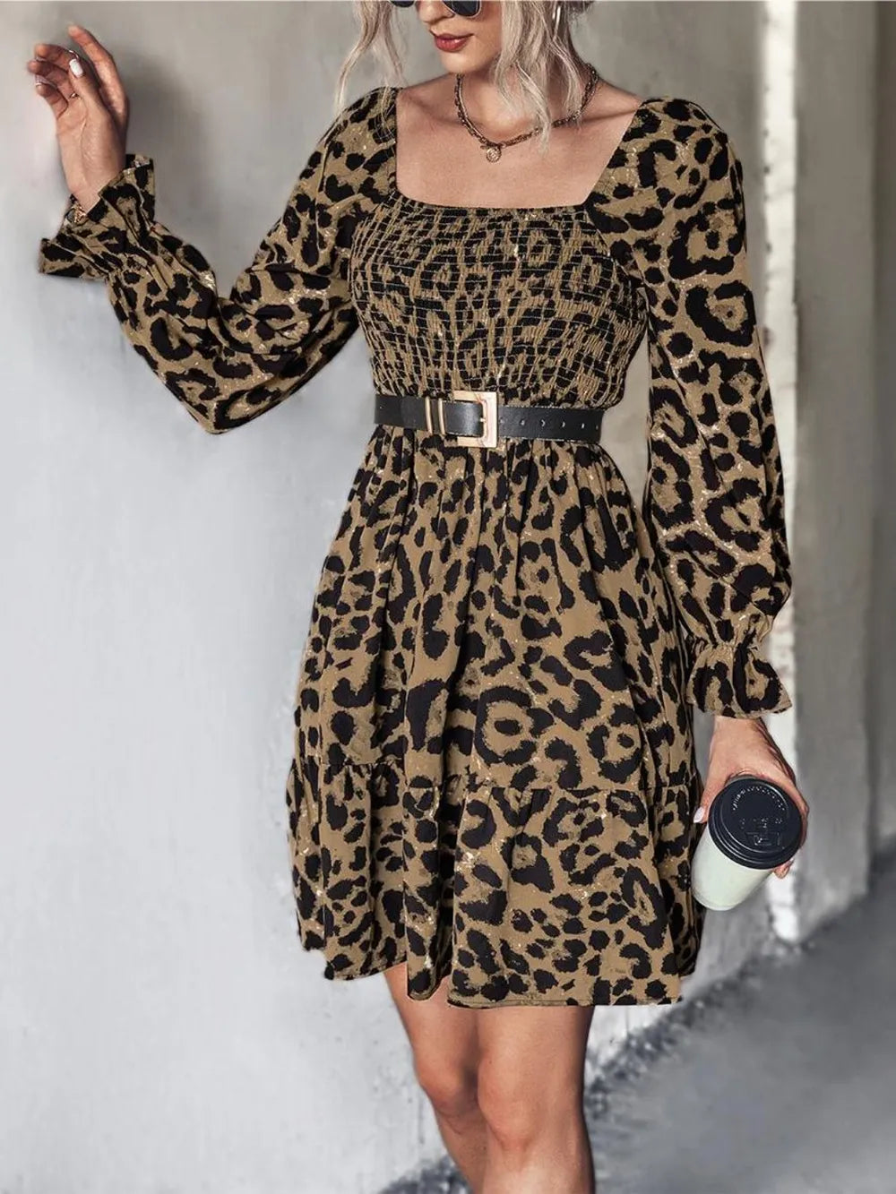 Leopard Print Smocked Mini Dress with Ruffled Flounce Sleeves - Slightly Stretchy & Opaque