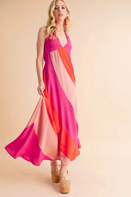 Aemi+Co Color Block Sleeveless Maxi Dress - Chic Asymmetrical Design, Flowy Fit, 100% Rayon
