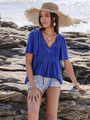 Lace Detail Tie Neck Short Sleeve Top for Women - 100% Viscose, Ruched Design, Imported - Store 42