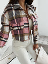 Pocketed Collared Neck Long Sleeve Plaid Jacket Pink