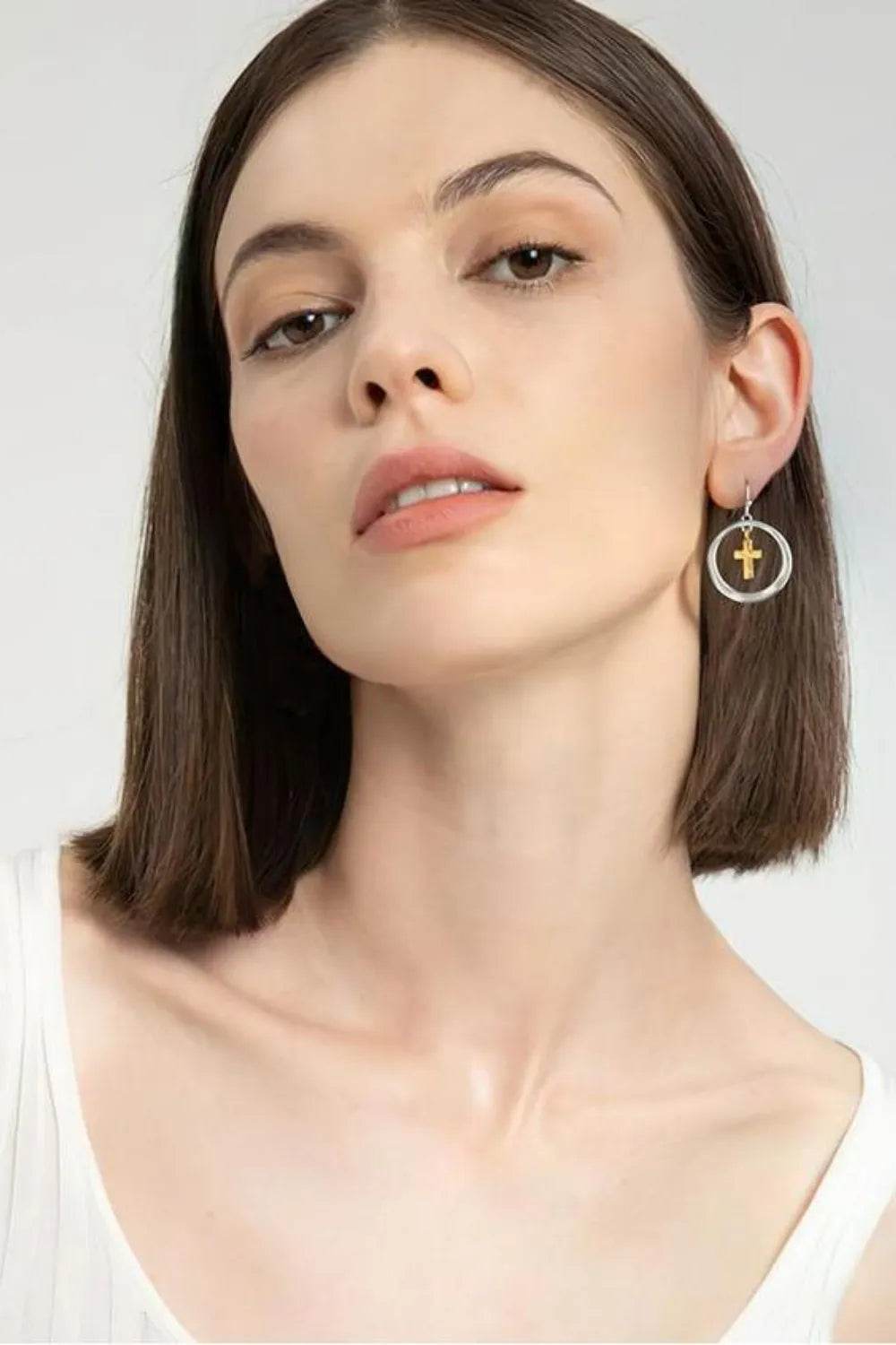 Elegant Brass Contrast Cross Dangle Earrings - Gold-Plated, Unique Design