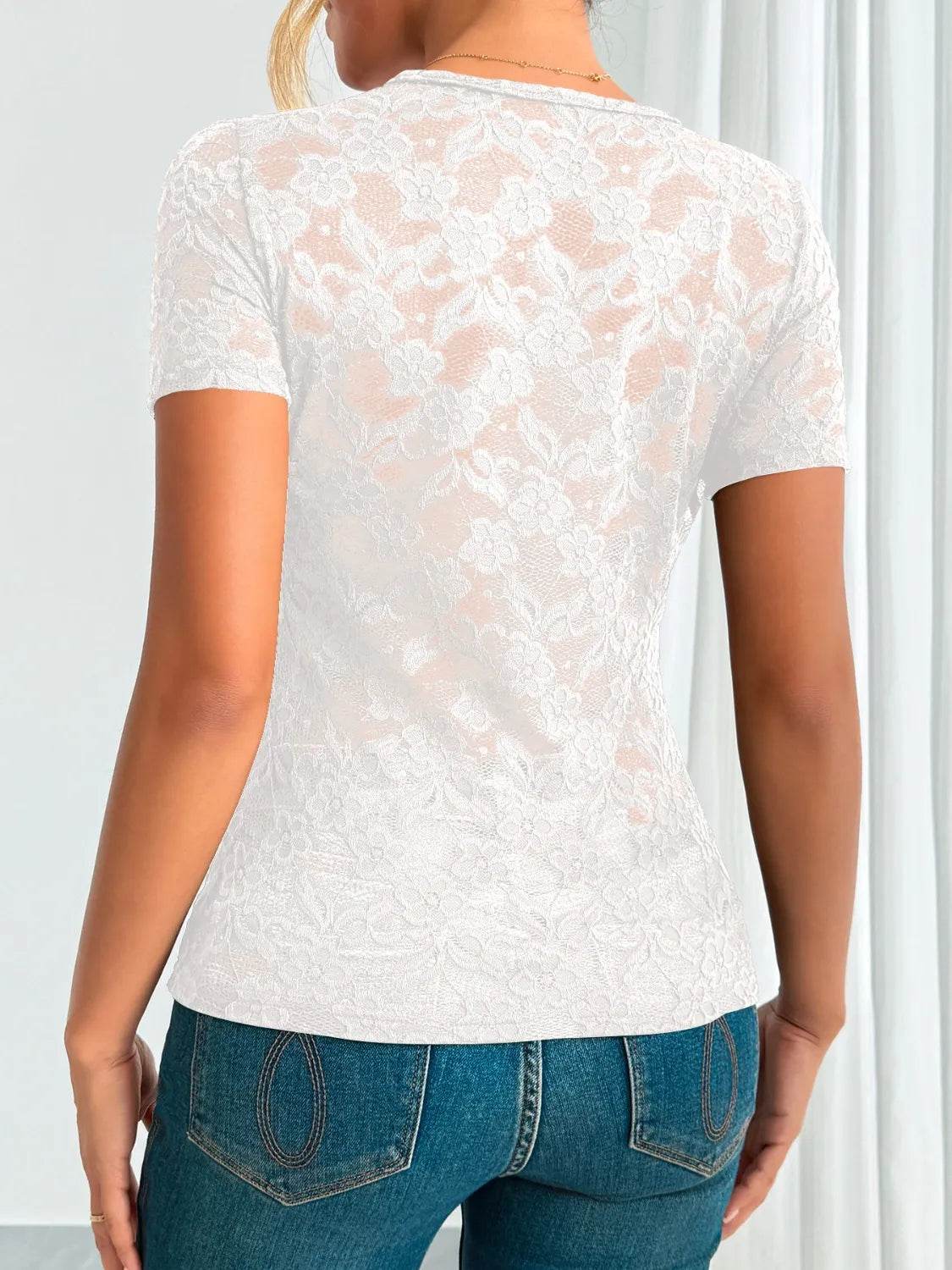 Sheer Lace V-Neck Short Sleeve Top for Women - Slightly Stretchy, Elegant Style - Store 42