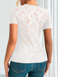 Sheer Lace V-Neck Short Sleeve Top for Women - Slightly Stretchy, Elegant Style - Store 42