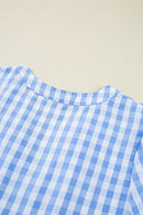 Gingham Short Sleeve Button Tie Split Neck Loose Mini Dress