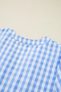 Gingham Short Sleeve Button Tie Split Neck Loose Mini Dress