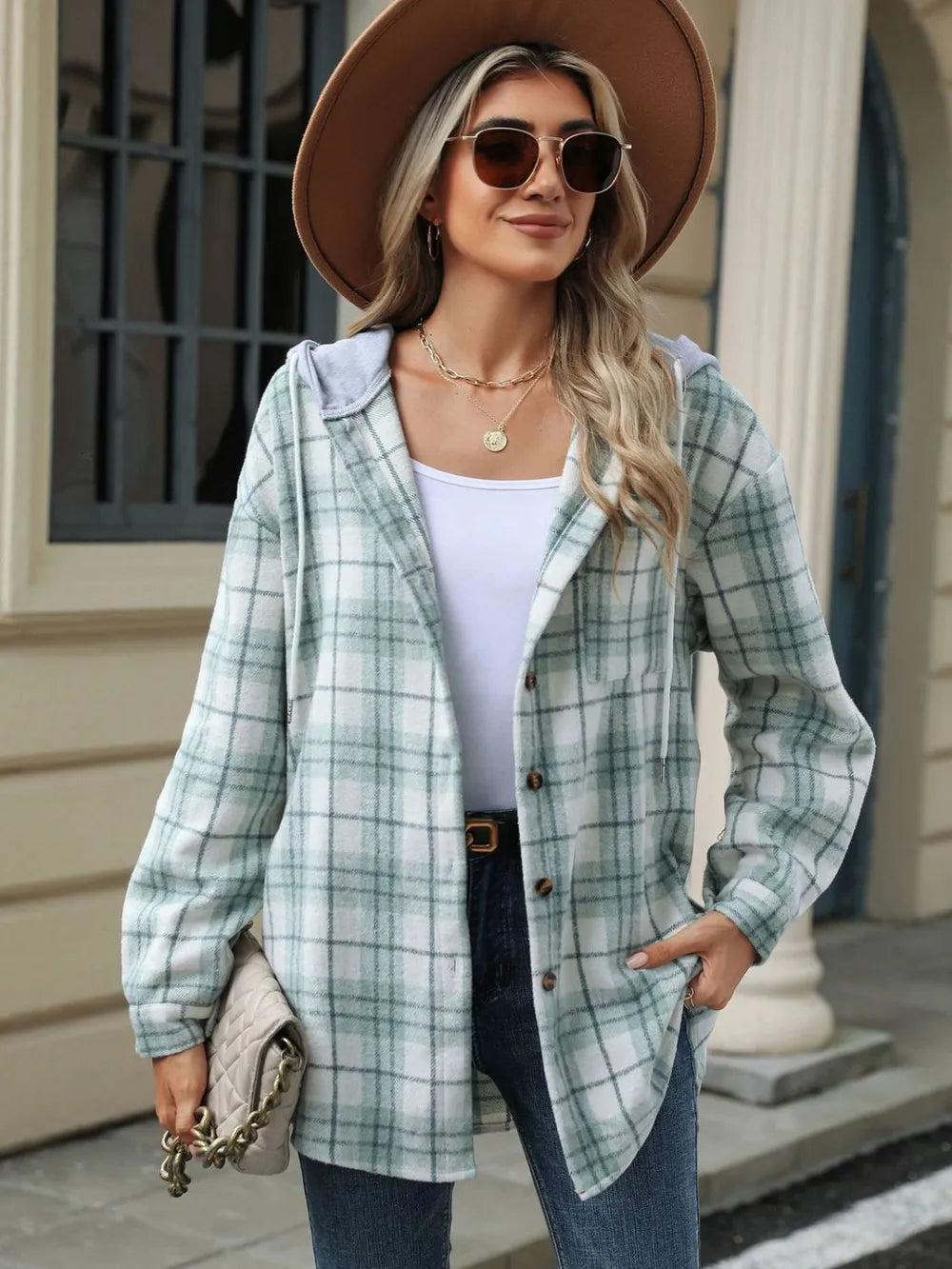 Stylish Drawstring Hooded Plaid Jacket With Button Closure - 100% Rayon Fabric