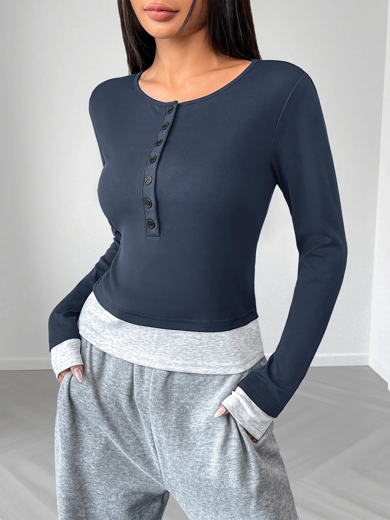 Trendsi Long Sleeve Buttoned Fitted T-Shirt - Highly Stretchy, 95% Polyester, Easy Care