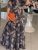 Full Size Printed V-Neck Maxi Dress with Tiered Hemline Plus Size - Store 42