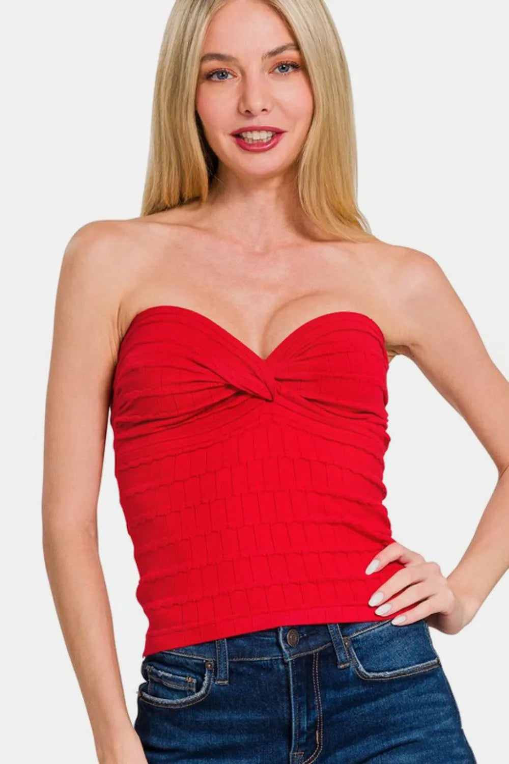Zenana Twisted Sweetheart Neck Top with Ruched Design - Slightly Stretchy, Opaque, Versatile Style