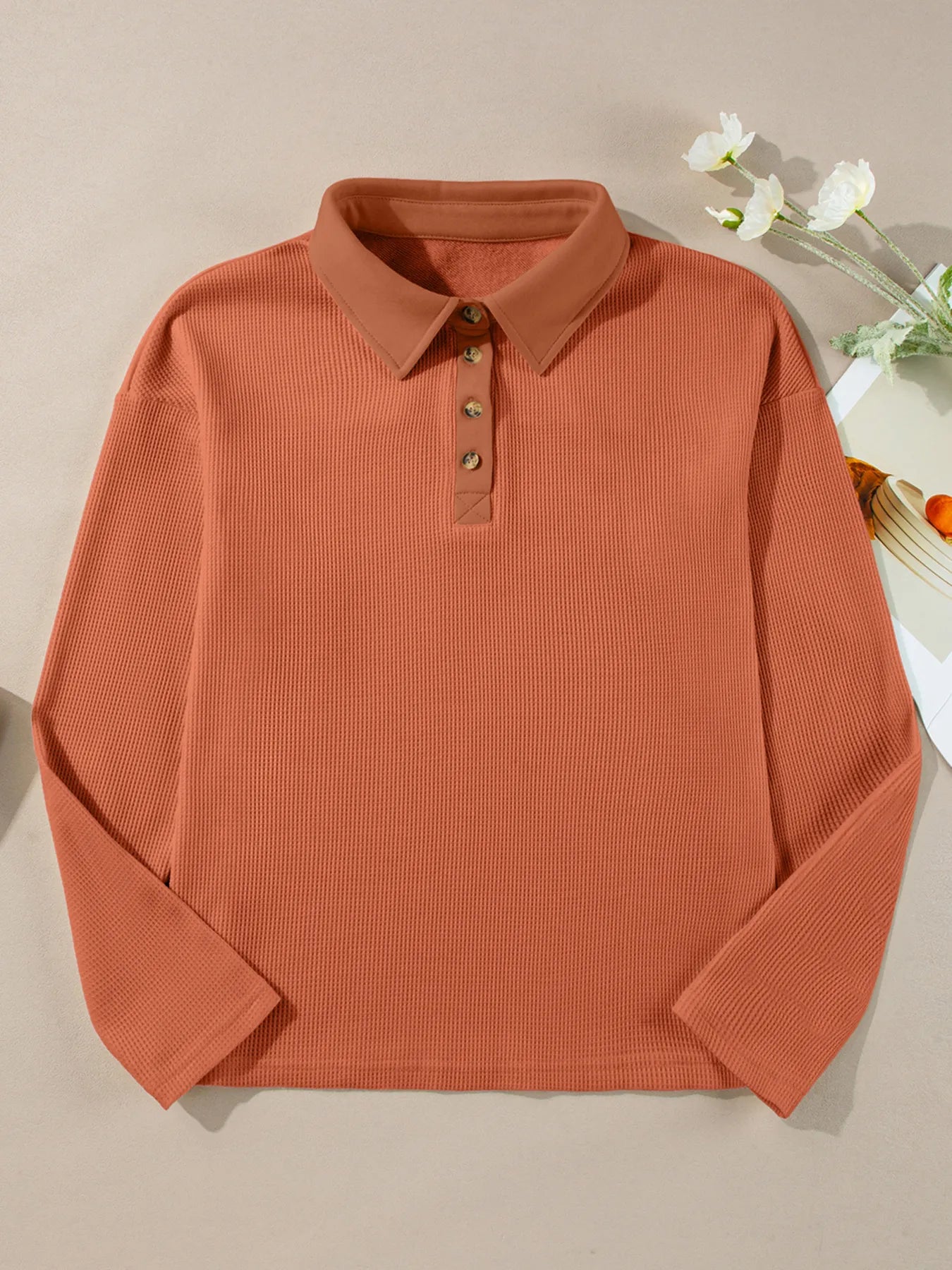 Long Sleeve Thermal Knit Polo Top