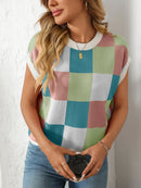 Mandy Checkered Round Neck Cap Sleeve Knit Top Blue Green
