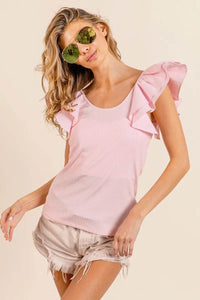 BiBi Wide Layered Ruffle Sleeve Scoop Neck Ribbed Top - Store 42