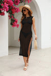 Cutout Openwork Round Neck Sleeveless Cover-Up Black