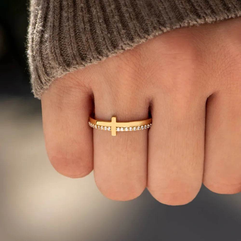 18K Gold-Plated 925 Sterling Silver Cross Ring with Zircon Stones - Elegant Religious Jewelry