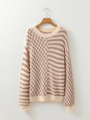 Stripe Checkerboard Drop Shoulder Balloon Sleeve Sweater