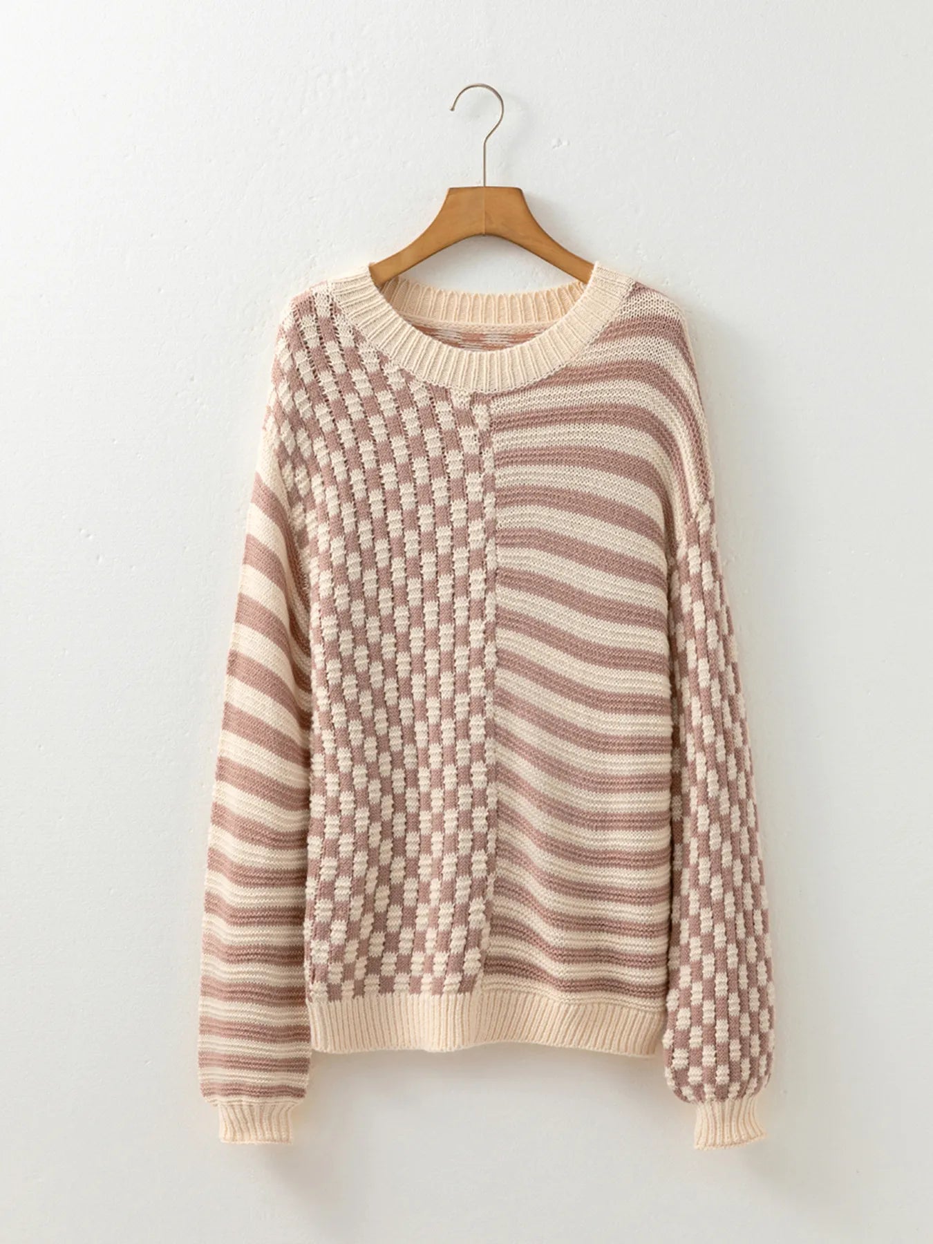 Stripe Checkerboard Drop Shoulder Balloon Sleeve Sweater