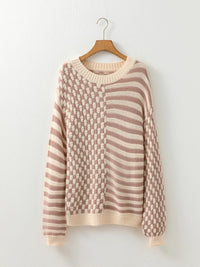Stripe Checkerboard Drop Shoulder Balloon Sleeve Sweater
