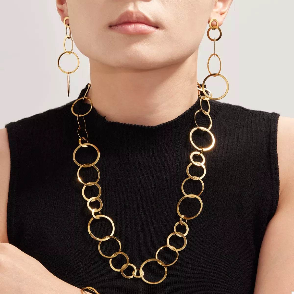 18K Gold-Plated Stainless Steel Chain Link Statement Necklace - 20.5 Inch Adjustable Length