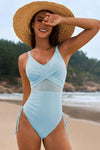 Drawstring Ruched V-Neck One-Piece Swimwear Pastel Blue