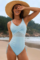 Drawstring Ruched V-Neck One-Piece Swimwear Pastel Blue