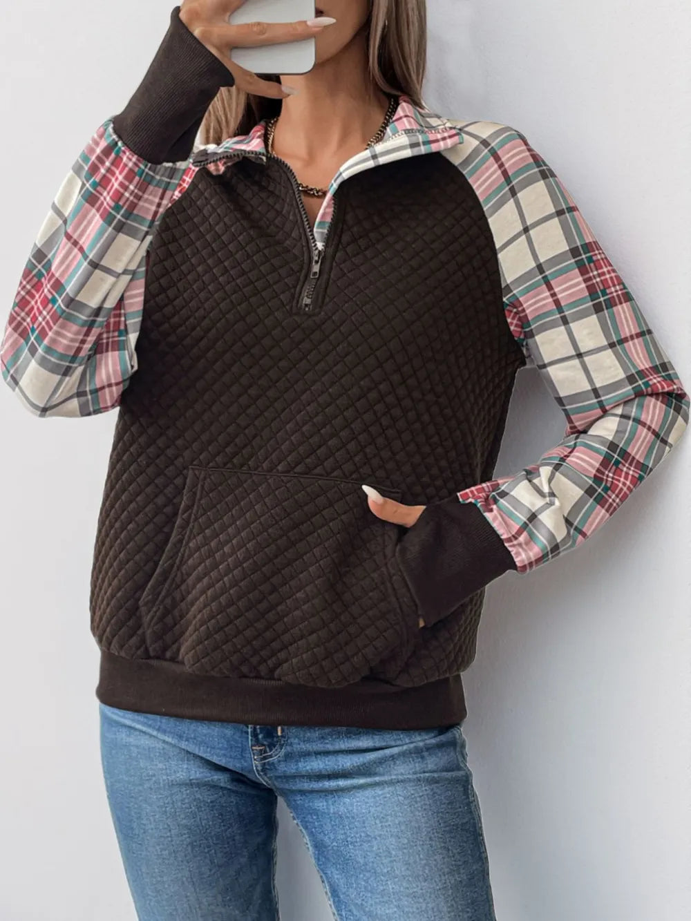 Perfee Plaid Half Zip Long Sleeve Sweatshirt with Pockets - Slightly Stretchy Opaque Fabric