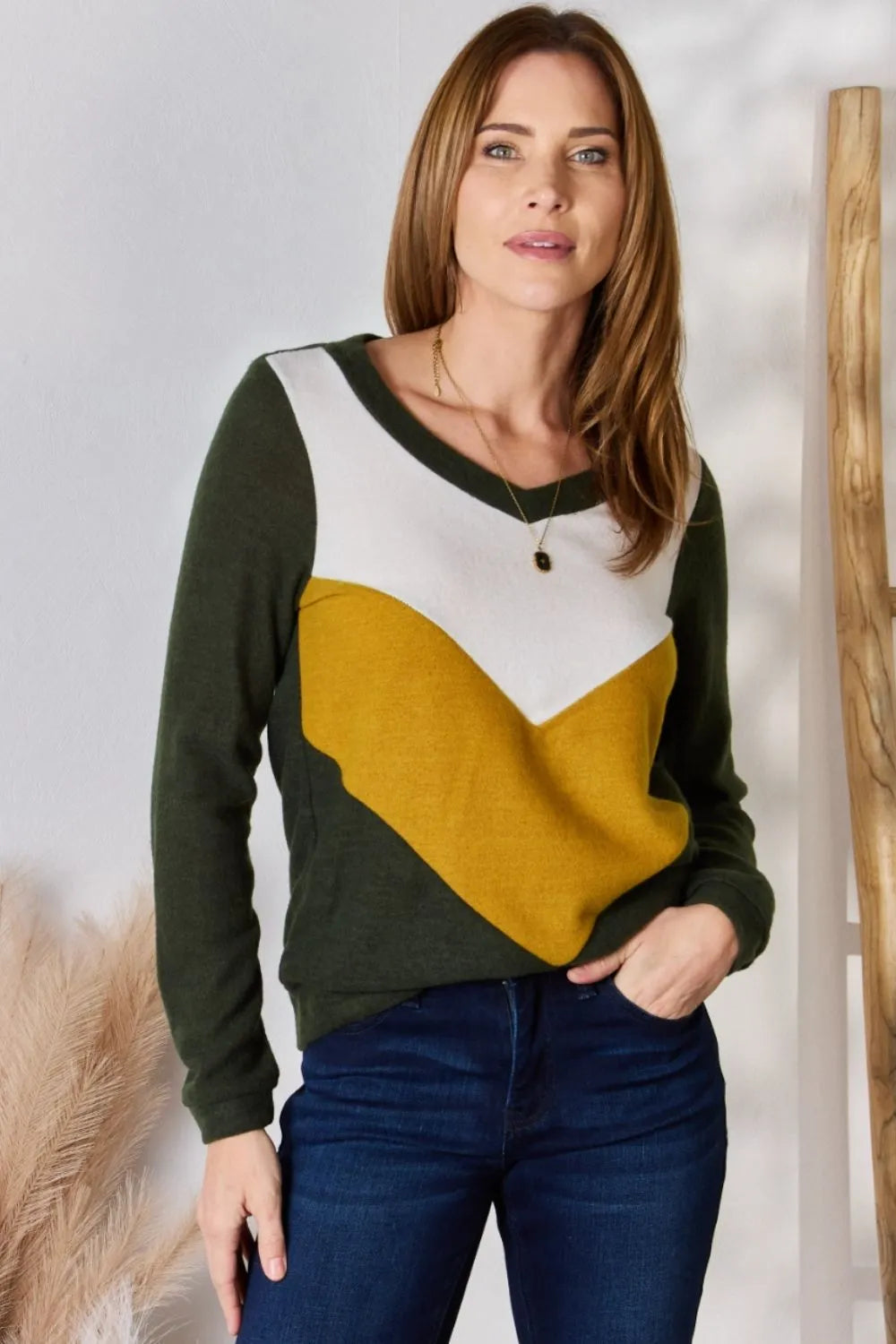 Stylish Hailey & Co Colorblock V-Neck Blouse - Flattering, Highly Stretchy, Versatile Top