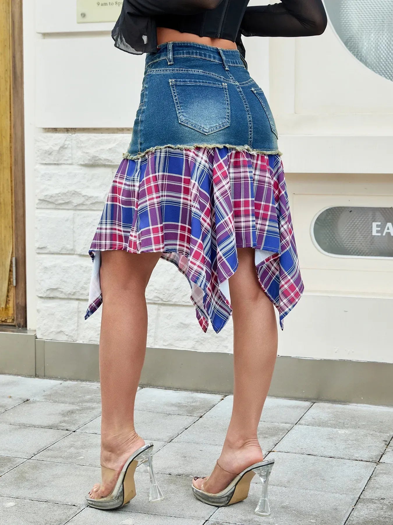 Asymmetric Plaid Hem Denim Skirt