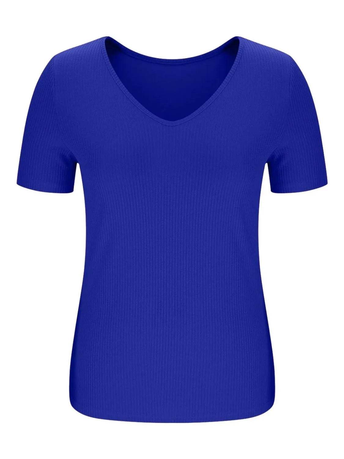 Trendy Solid V-Neck Short Sleeve T-Shirt - Slightly Stretchy, 95% Polyester, 5% Spandex - Store 42
