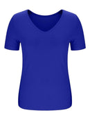 Trendy Solid V-Neck Short Sleeve T-Shirt - Slightly Stretchy, 95% Polyester, 5% Spandex - Store 42
