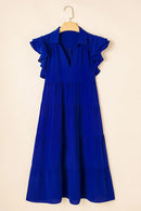 Ruffled Short Sleeve Collared V Neck Tiered Midi Dress