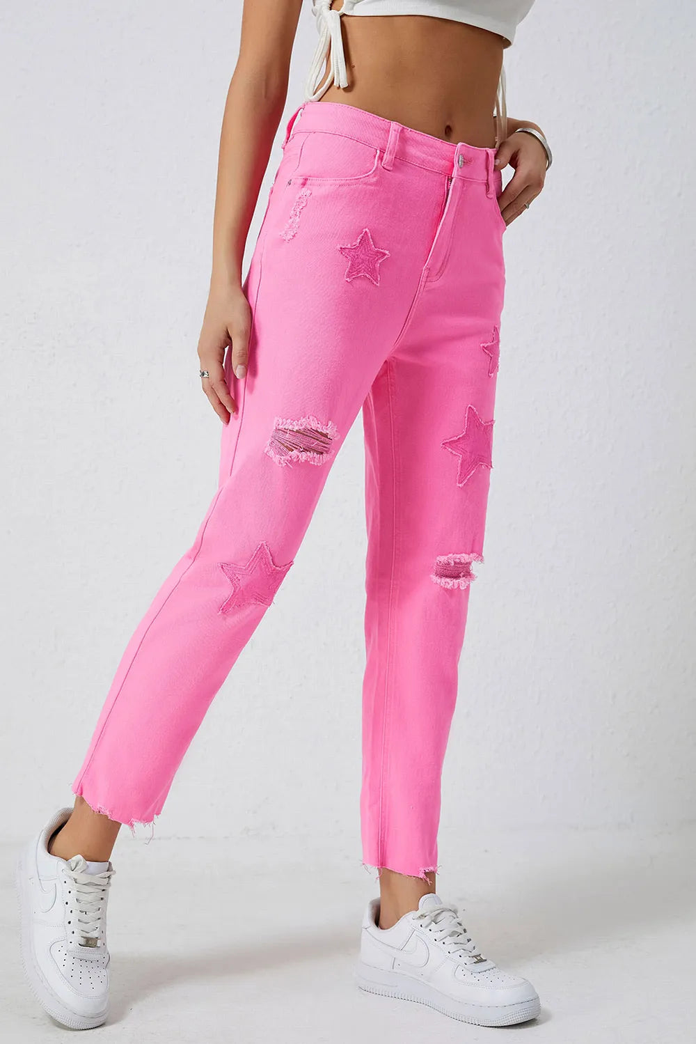 98% Cotton Distressed Jeans with Raw Hem - Slightly Stretchy Style by Trendsi
