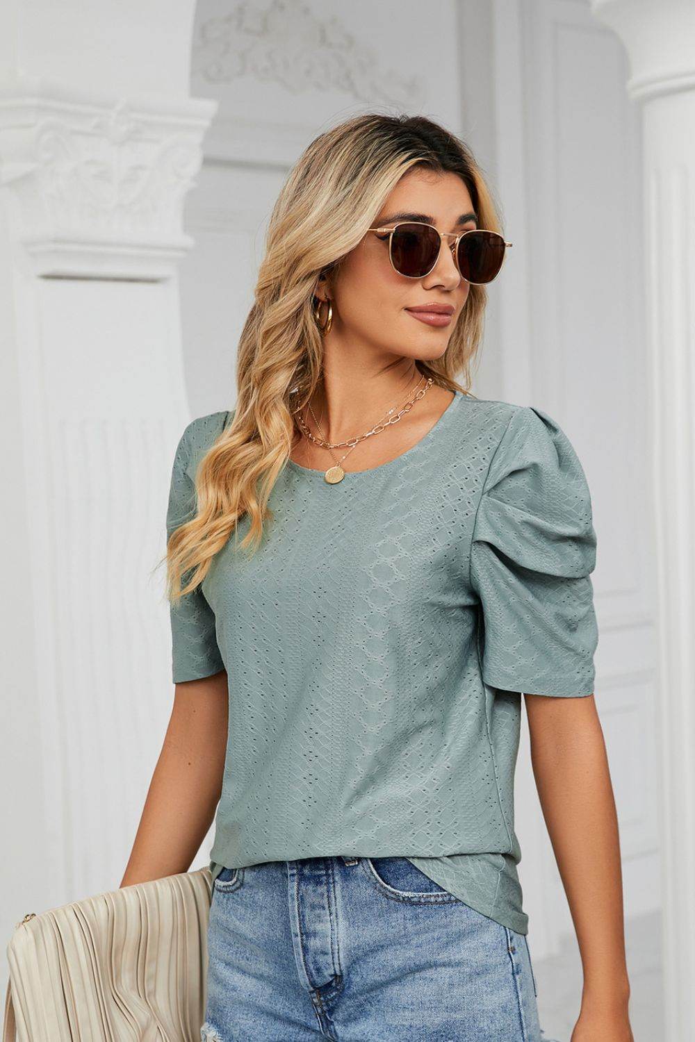 Trendsi Eyelet Puff Sleeve Blouse - Casual Round Neck Top for Every Occasion - Store 42