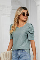 Trendsi Eyelet Puff Sleeve Blouse - Casual Round Neck Top for Every Occasion - Store 42