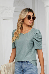 Trendsi Eyelet Puff Sleeve Blouse - Casual Round Neck Top for Every Occasion - Store 42
