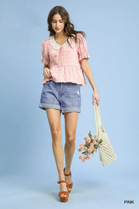 Umgee Short Sleeve Gingham Lace Peplum Blouse