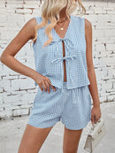 Lovelet Tied Plaid V-Neck Vest and Shorts Set Pastel Blue