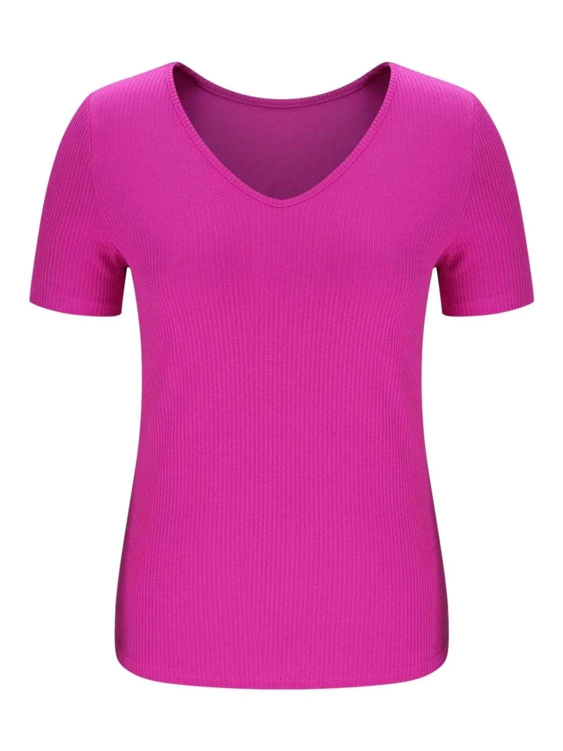 Trendy Solid V-Neck Short Sleeve T-Shirt - Slightly Stretchy, 95% Polyester, 5% Spandex - Store 42
