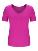 Trendy Solid V-Neck Short Sleeve T-Shirt - Slightly Stretchy, 95% Polyester, 5% Spandex - Store 42