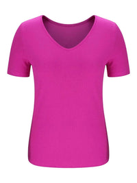 Trendy Solid V-Neck Short Sleeve T-Shirt - Slightly Stretchy, 95% Polyester, 5% Spandex - Store 42