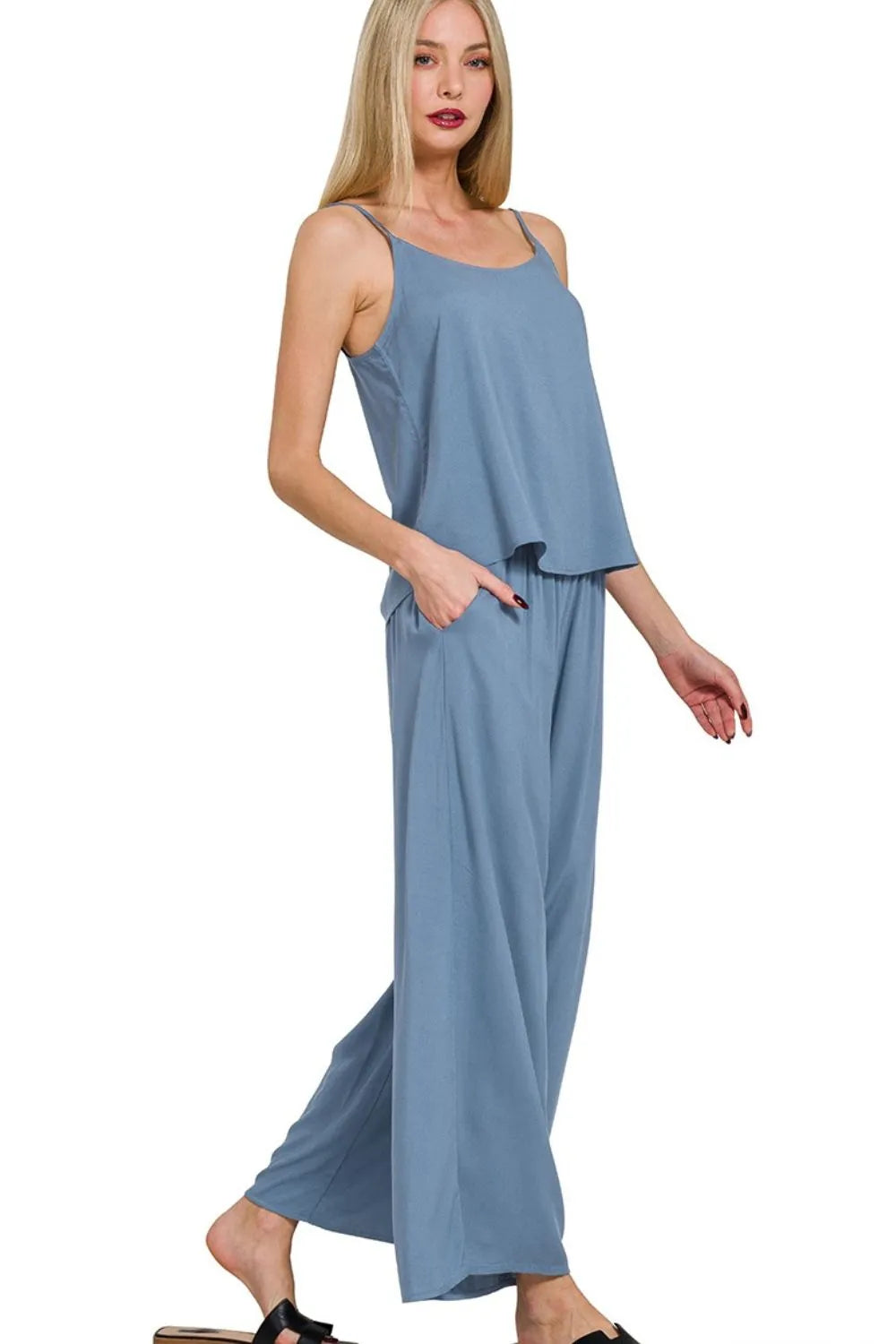 Elegant 2-Piece Zenana Woven Cami & Palazzo Pants Set in Soft Blue with Spaghetti Straps