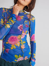 Floral Mock Neck Long Sleeve Top Royal Blue