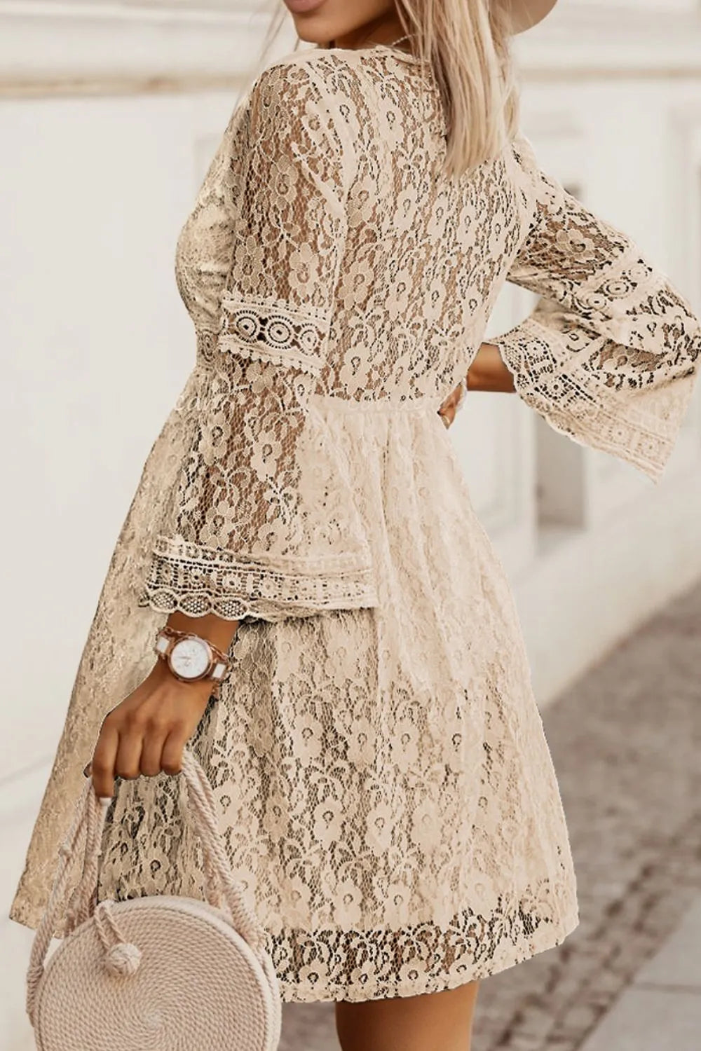 Elegant Lace V-Neck Dress with Three-Quarter Sleeves - Opaque and Unlined, Multiple Sizes