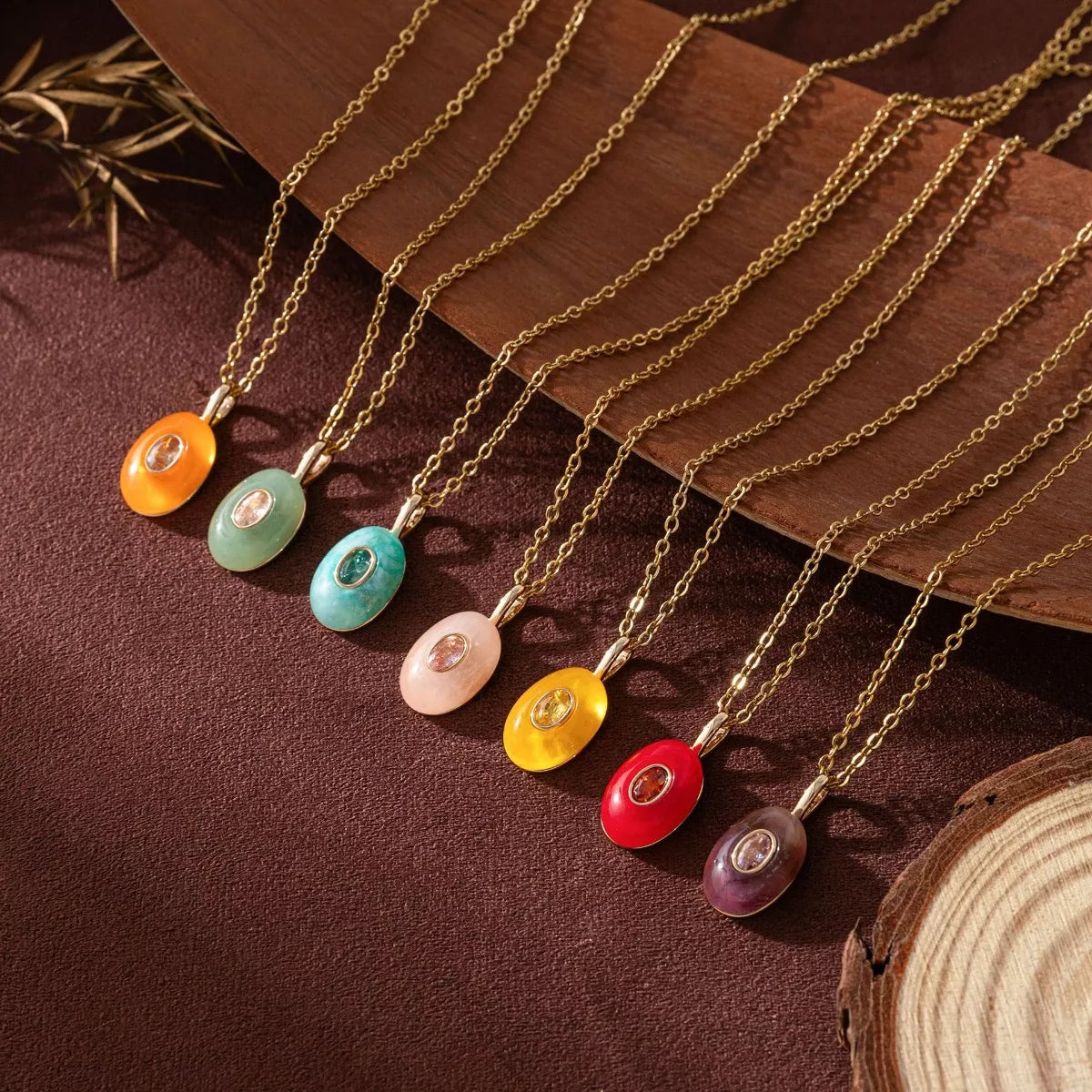 Natural Stone Pendant Necklace with Stainless Steel and Copper Accents - 17.7 Inch Chain